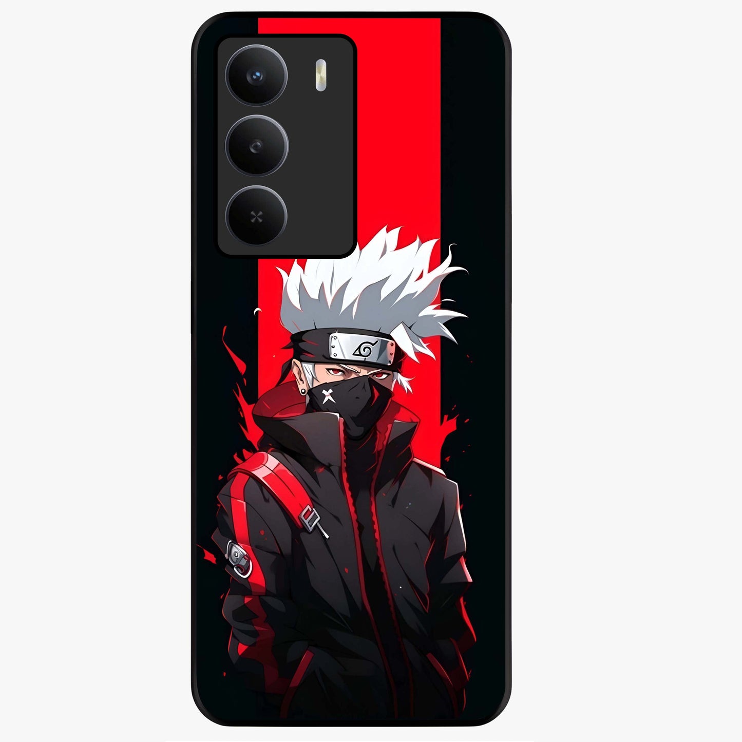 Kakashi Scarlet Shadow Glass Case showing flat back view with powerful anime ninja artwork and glossy glass finish.