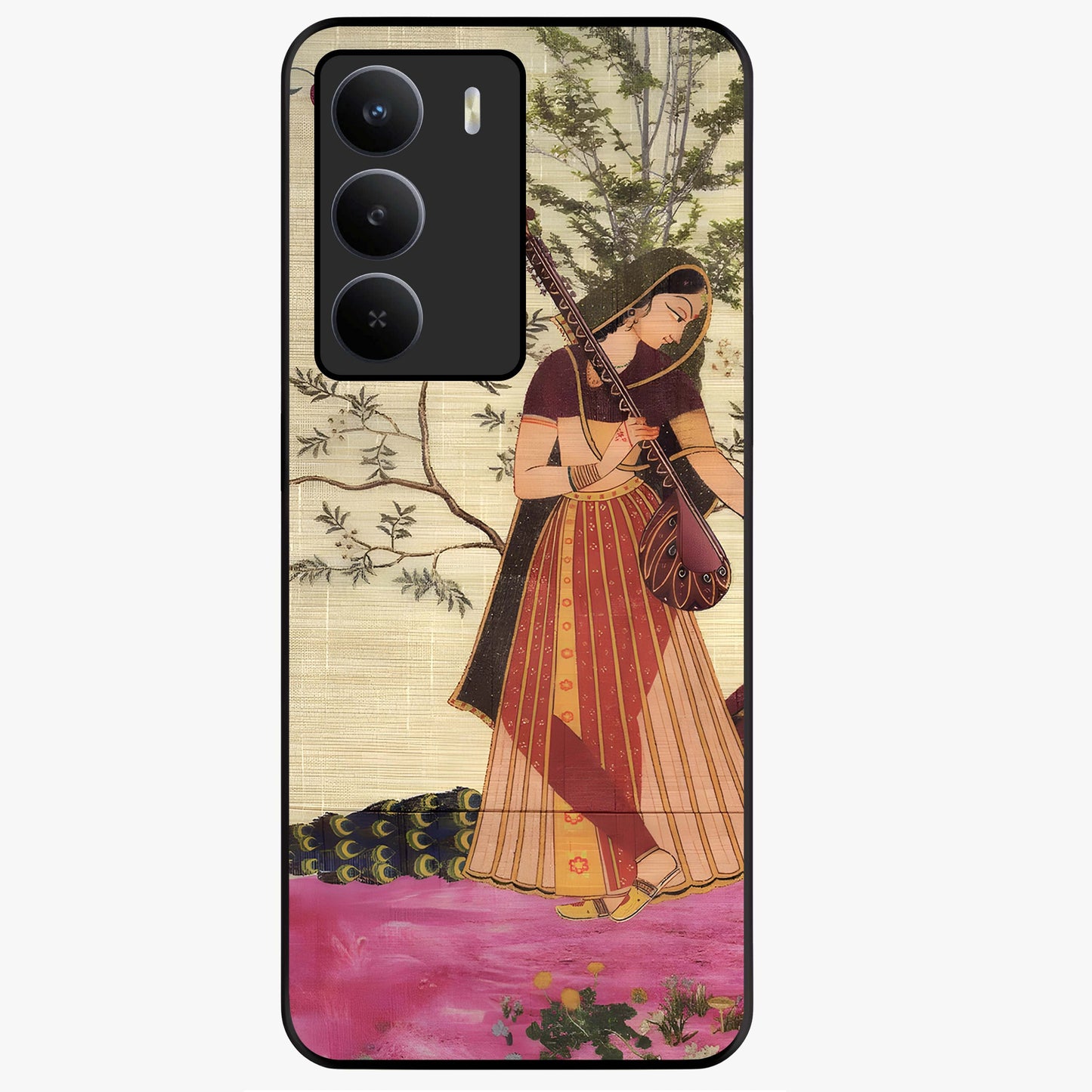 Lady With Veena Art Glass Case showing flat back view with elegant woman playing veena artwork and glossy glass finish.