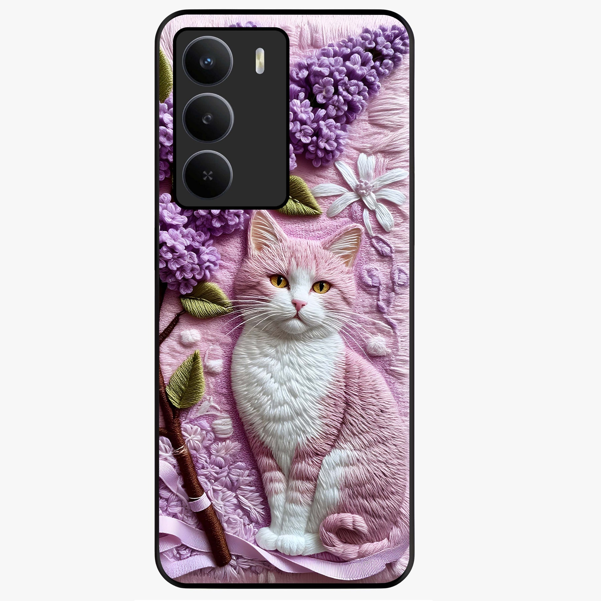 Lavender Cat Whimsy Glass Case showing flat back view with cute lavender cat artwork and glossy glass finish.