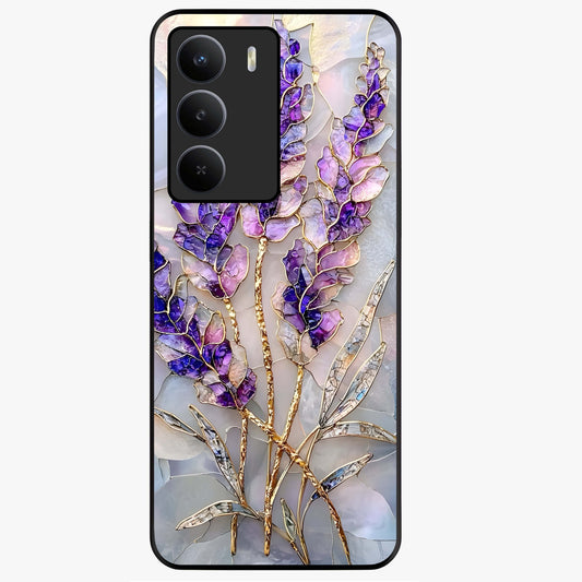 Lavender Dream Glow Glass Case showing flat back view with glowing lavender aesthetic artwork and glossy glass finish.