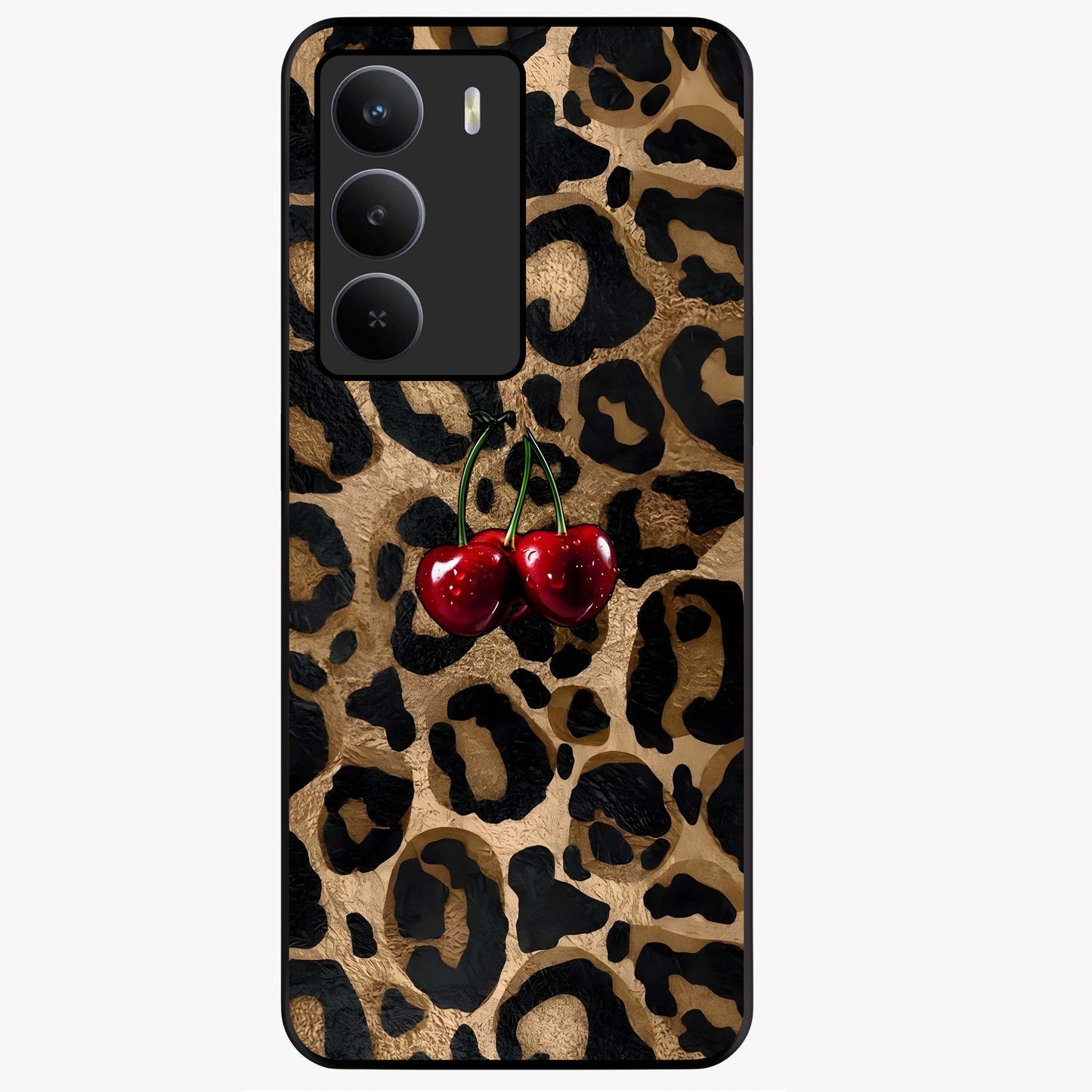 Leopard Wild Cherry Glass Case showing flat back view with leopard pattern and cherry artwork and glossy glass finish.