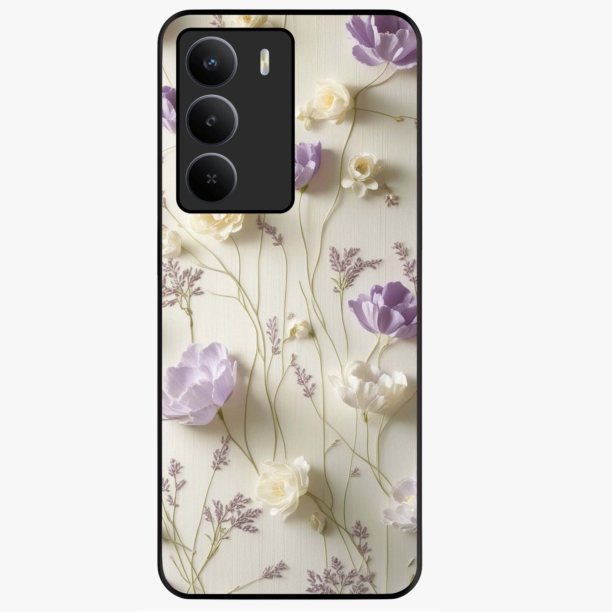 Lilac Breeze Harmony Glass Case showing flat back view with soft lilac themed artwork and glossy glass finish.