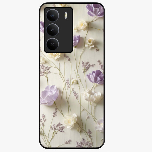Lilac Breeze Harmony Glass Case showing flat back view with soft lilac themed artwork and glossy glass finish.