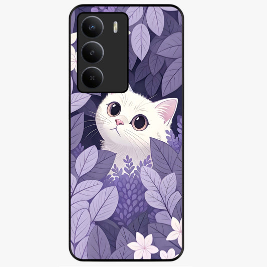 Lilac Hide Peek Cat Glass Case showing flat back view with cute peeking cat artwork and glossy glass finish.