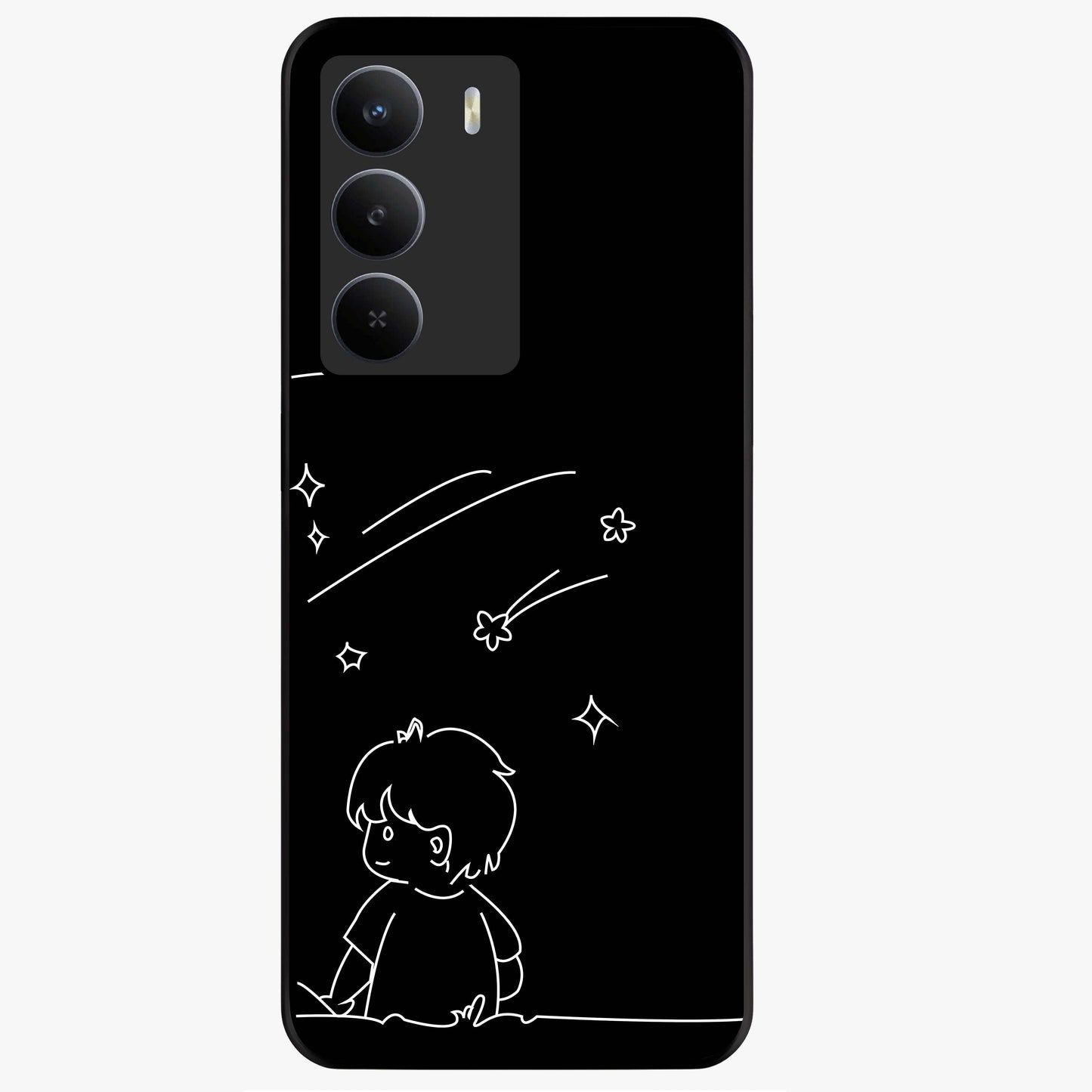 Line Art Boy With Shooting Stars Glass Case showing flat back view with minimal line art boy and shooting stars illustration and glossy glass finish.