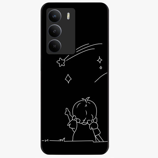 Line Art Girl With Shooting Stars Glass Case showing flat back view with minimal line art girl and shooting stars illustration and glossy glass finish.