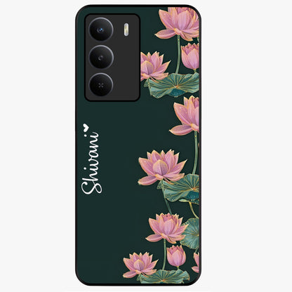 Lotus Bloom Serenity Custom Name Glass Case showing flat back view with elegant lotus flower artwork and personalized name design.