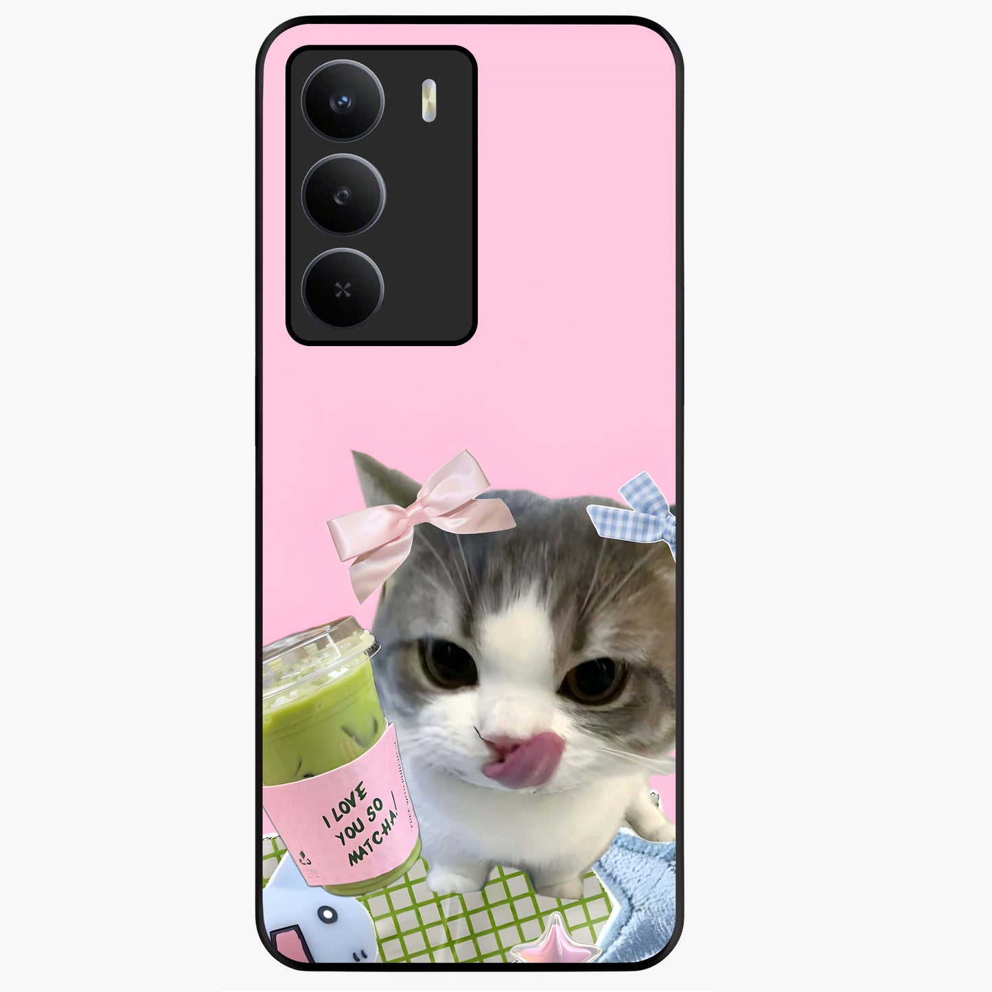 Love Matcha Cat Glass Case showing flat back view with cute cat and matcha themed artwork and glossy glass finish.