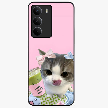 Love Matcha Cat Glass Case showing flat back view with cute cat and matcha themed artwork and glossy glass finish.