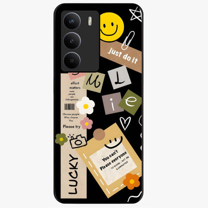 Lucky Aesthetic Collage Glass Case showing flat back view with trendy aesthetic collage artwork and glossy glass finish.