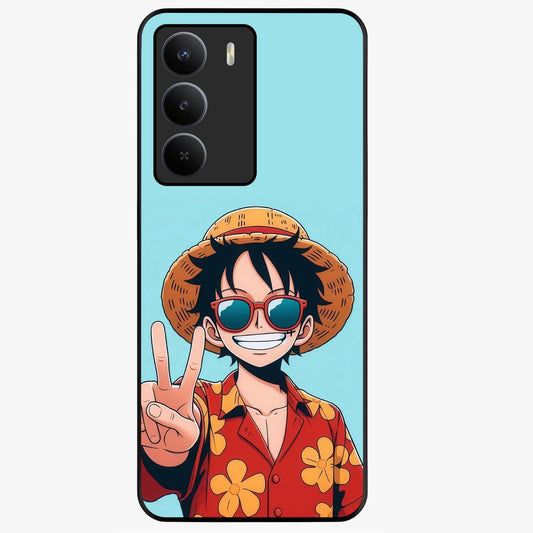 Luffy Summer Anime Vibe Glass Case showing flat back view with vibrant anime character artwork and glossy glass finish.