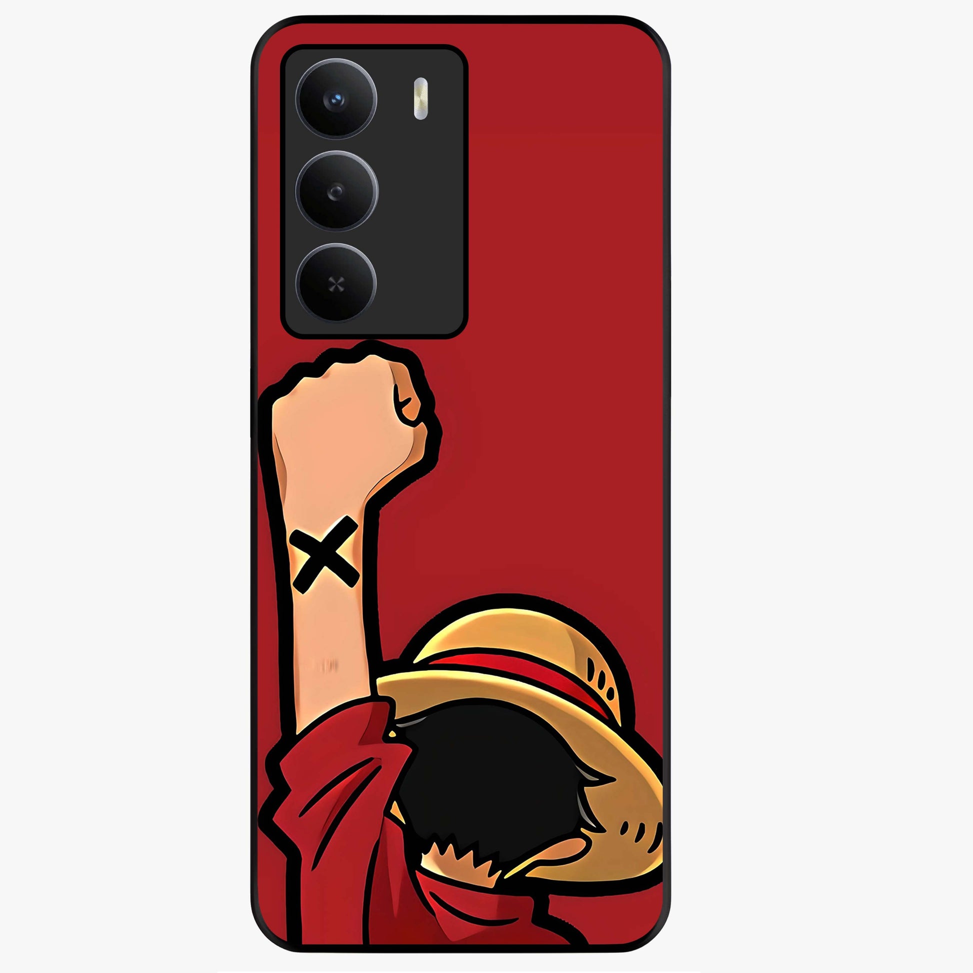 Luffy X Spirit Glass Case showing flat back view with bold anime character artwork and glossy glass finish.