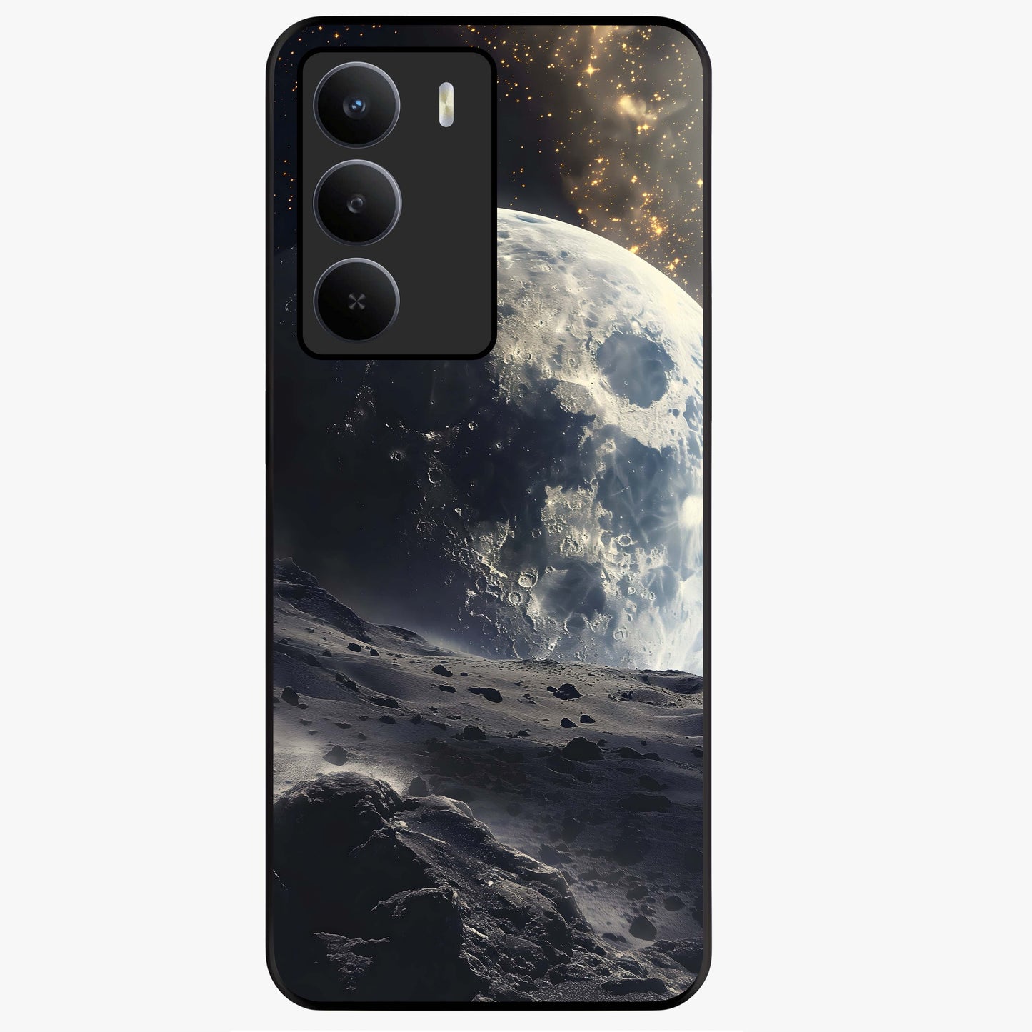 Lunar Horizon Glow Glass Case showing flat back view with glowing moon horizon artwork and glossy glass finish.