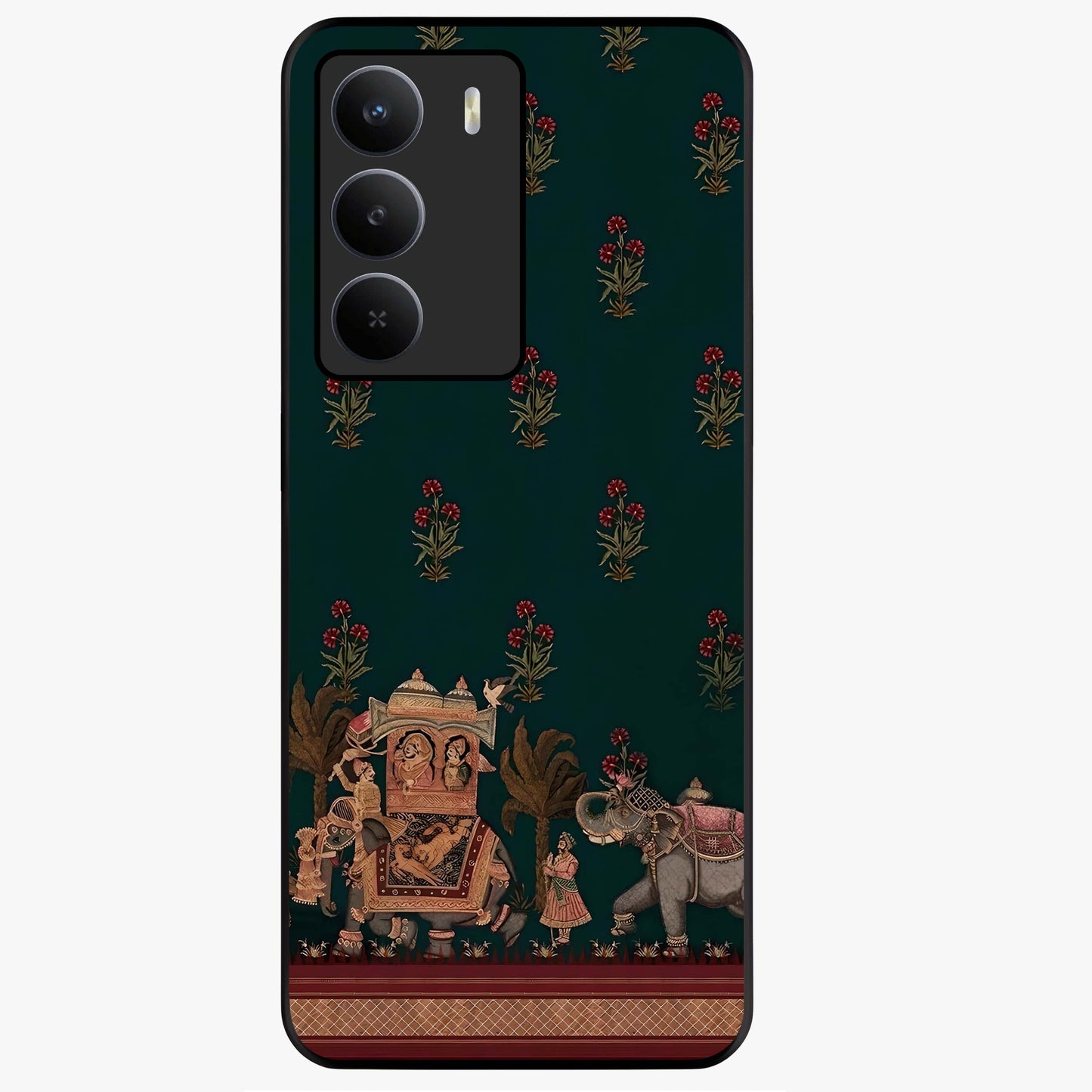 Macmerise Glass Case showing flat back view with stylish modern artwork and glossy glass finish.