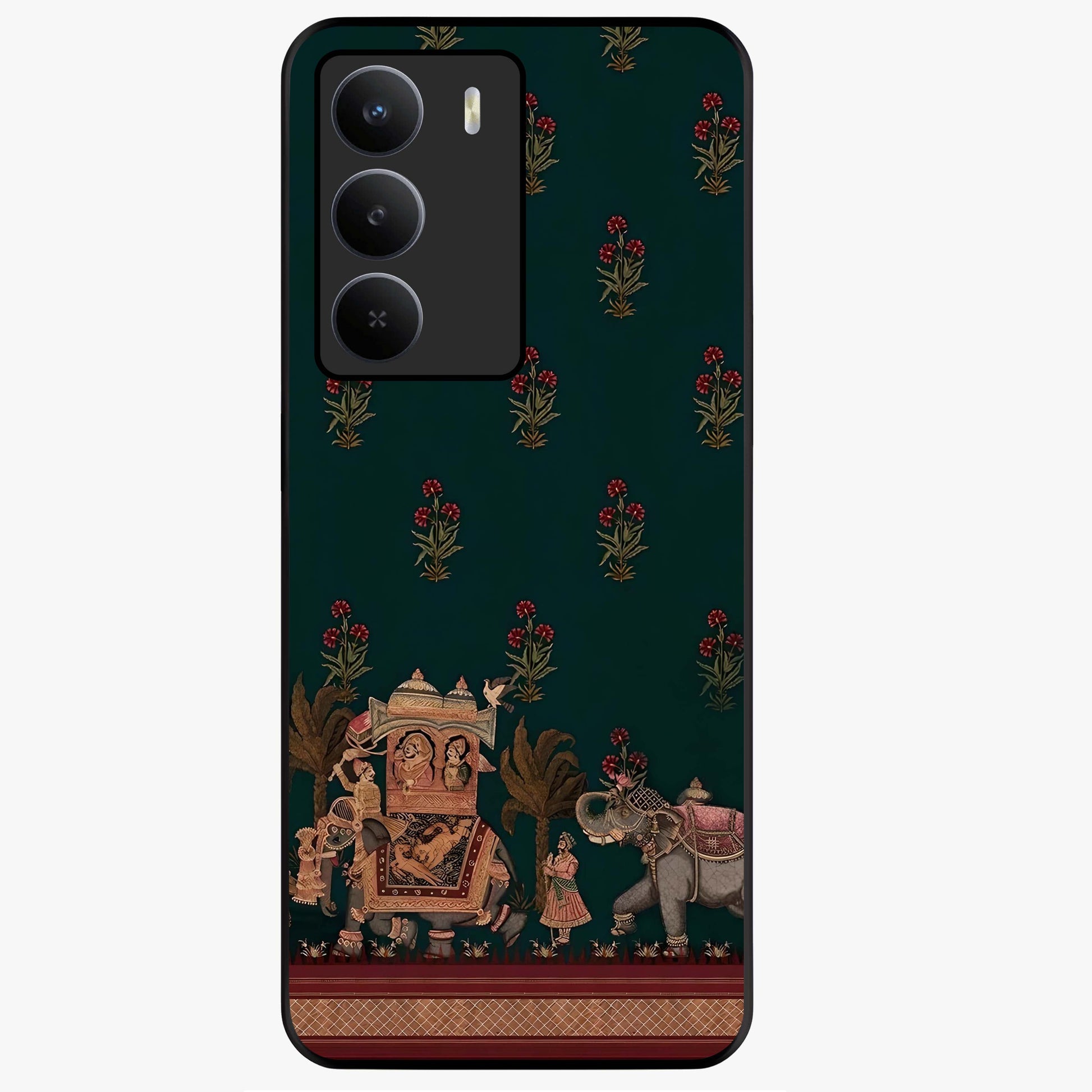 Macmerise Glass Case showing flat back view with stylish modern artwork and glossy glass finish.