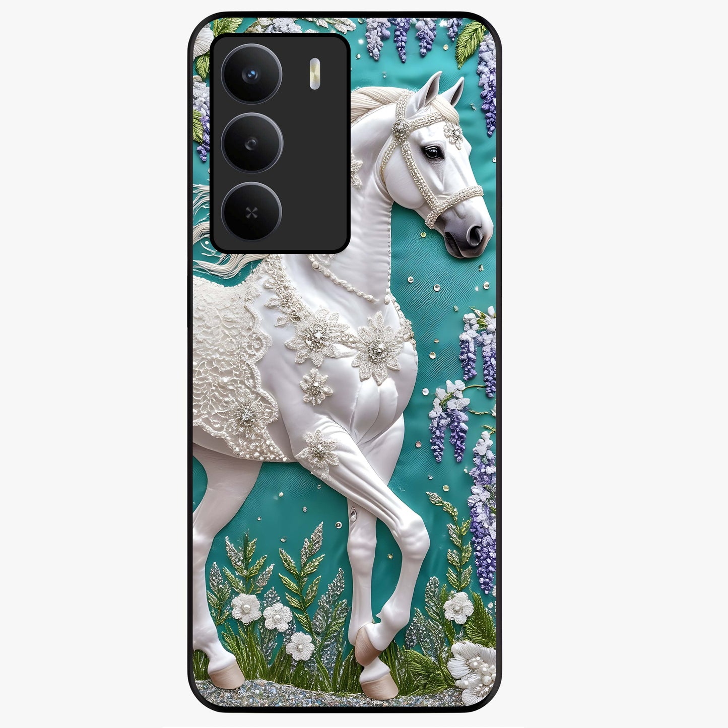 Majestic Floral Stallion Glass Case showing flat back view with powerful horse and floral artwork and glossy glass finish.