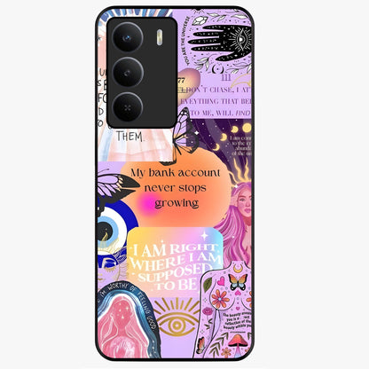 Manifestation Collage Glass Case showing flat back view with motivational collage artwork and glossy glass finish.