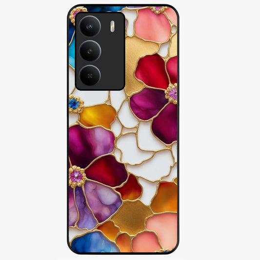 Marble Flower Pattern Glass Case showing flat back view with marble texture floral artwork and glossy glass finish.