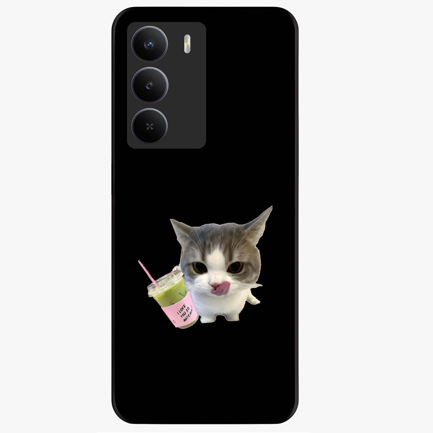 Matcha Cat Style Glass Case showing flat back view with cute matcha themed cat artwork and glossy glass finish.