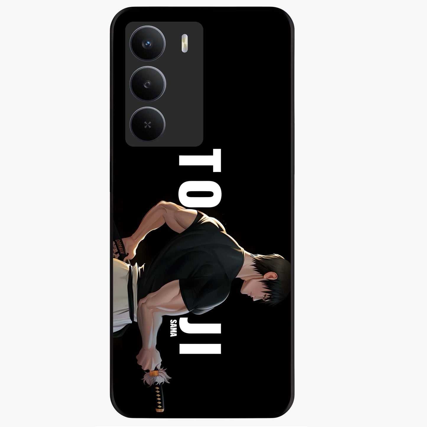 Midnight Blade Resolve Glass Case showing flat back view with dark warrior sword artwork and glossy glass finish.