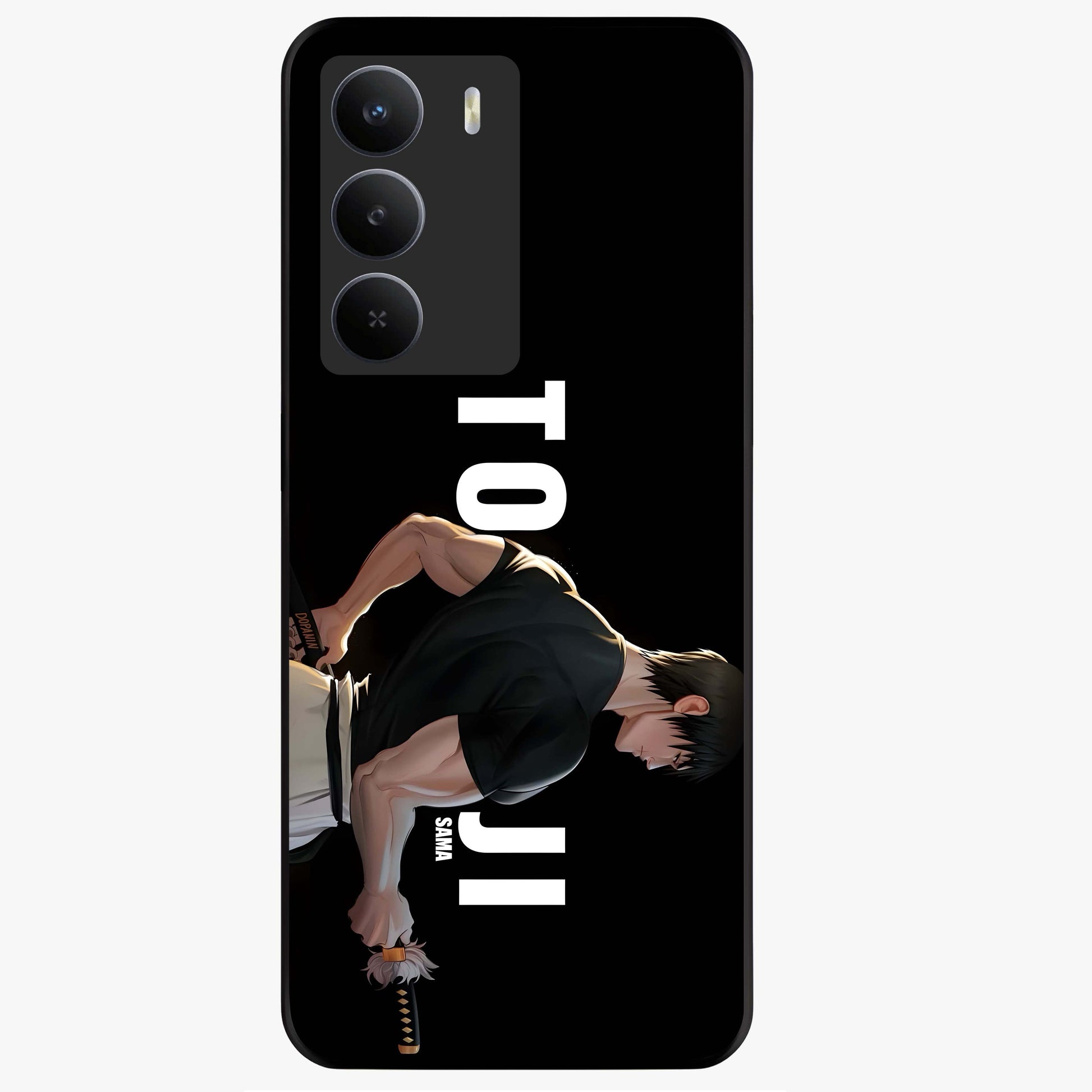 Midnight Blade Resolve Glass Case showing flat back view with dark warrior sword artwork and glossy glass finish.