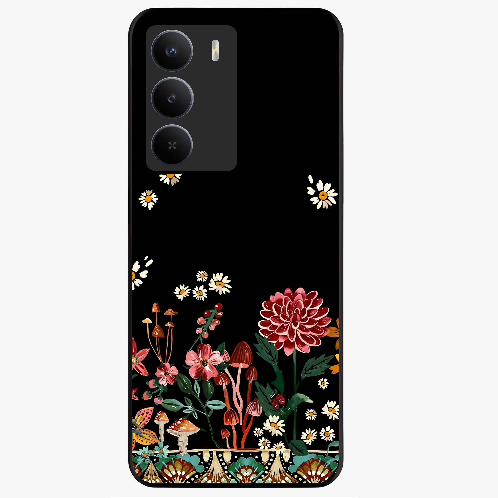 Midnight Bloom Pattern Glass Case showing flat back view with dark floral pattern artwork and glossy glass finish.