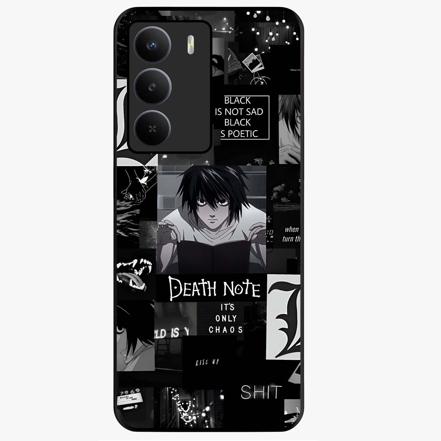 Midnight Chaos Mind Glass Case showing flat back view with abstract dark themed artwork and glossy glass finish.