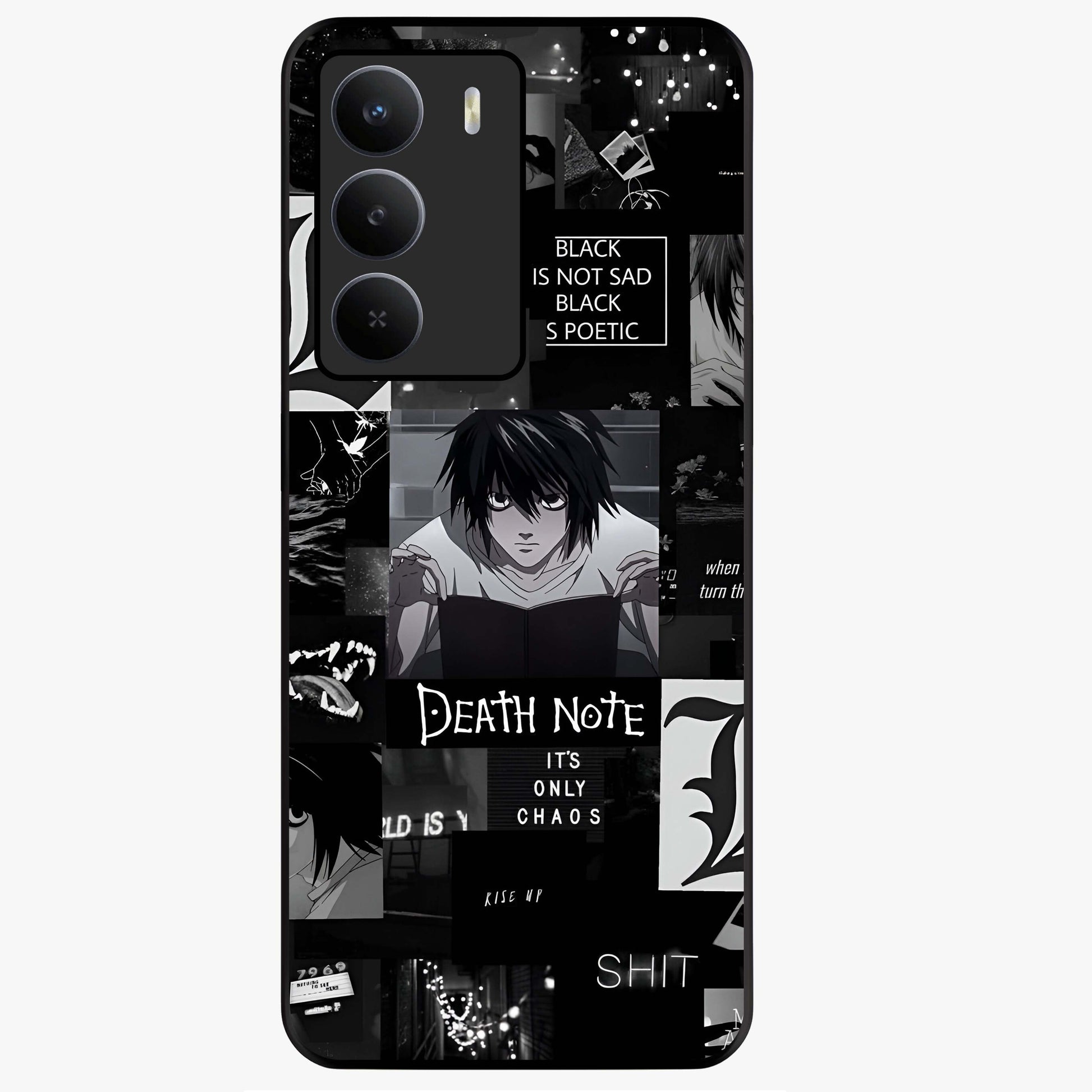 Midnight Chaos Mind Glass Case showing flat back view with abstract dark themed artwork and glossy glass finish.