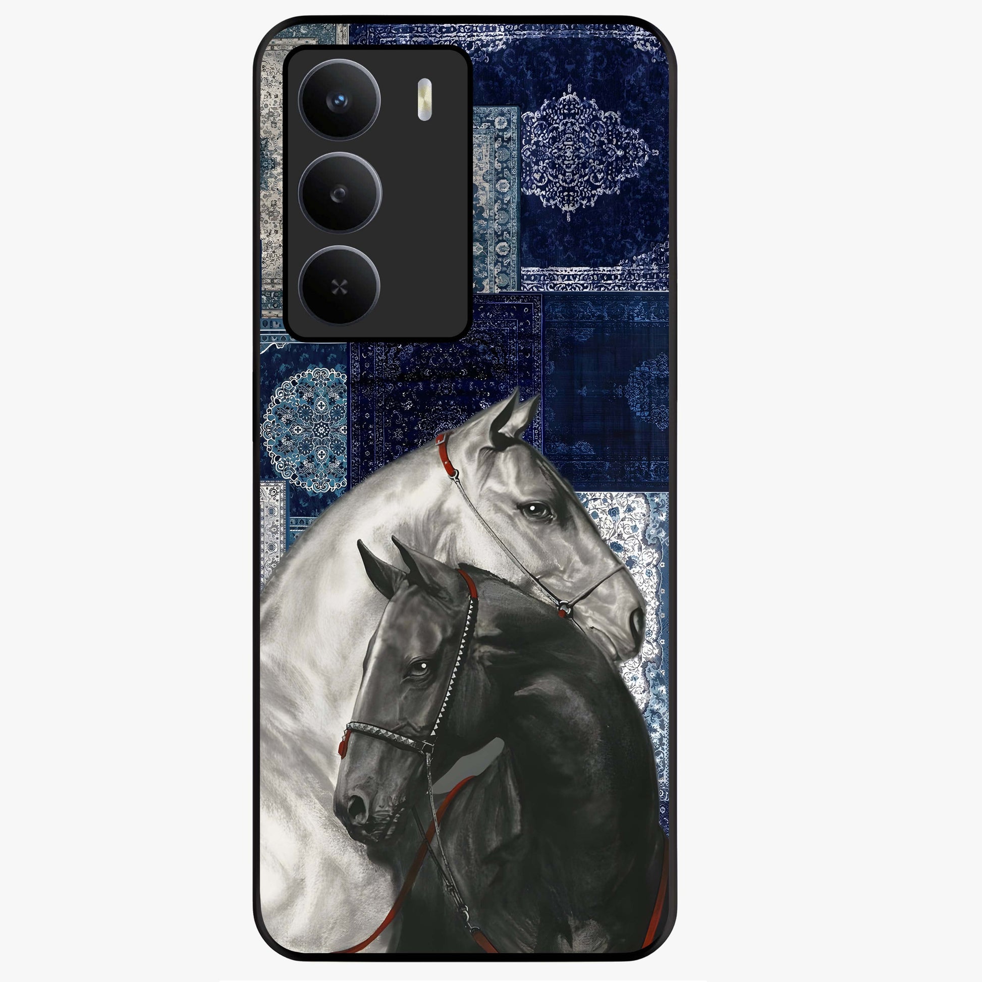 Midnight Stallion Blues Glass Case showing flat back view with majestic horse artwork and glossy glass finish.