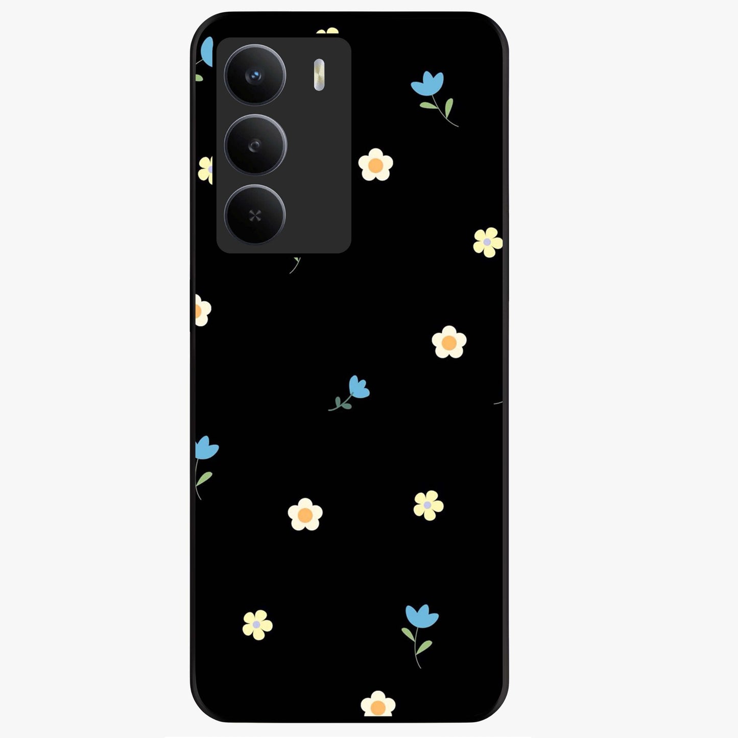 Minimalistic Blue With White Flower Pattern Glass Case showing flat back view with blue background and white flower pattern and glossy glass finish.