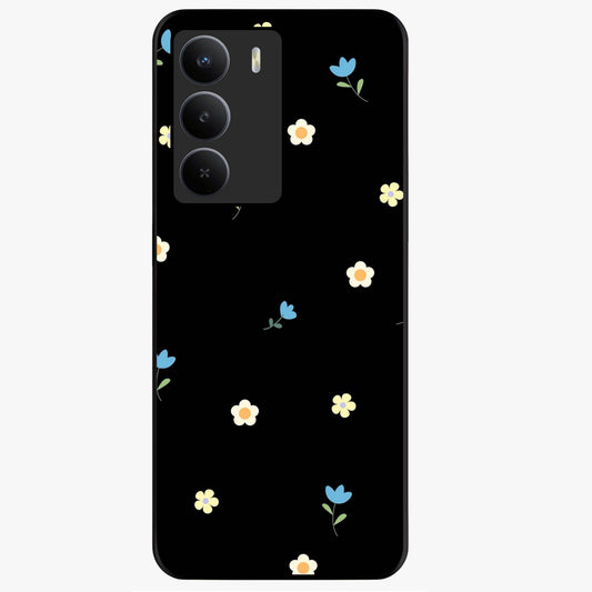 Minimalistic Blue With White Flower Pattern Glass Case showing flat back view with blue background and white flower pattern and glossy glass finish.