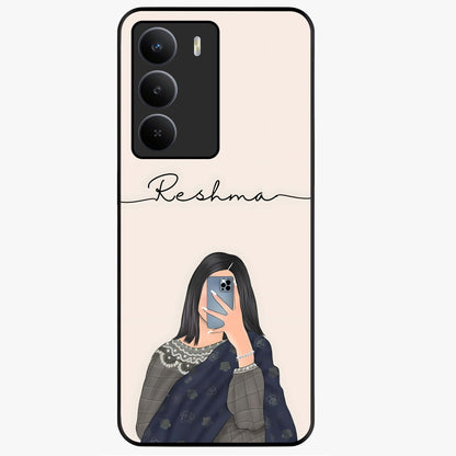 Mirror Mood Muse With Custom Name Glass Case showing flat back view with stylish mirrored artwork and personalized name design.