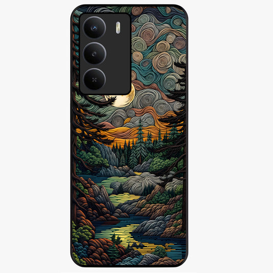 Moonlight Forest Dream Glass Case showing flat back view with mystical forest moonlight artwork and glossy glass finish.