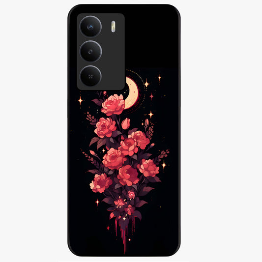 Moonlit Floral Elegance Glass Case showing flat back view with elegant floral artwork under moonlit tones and glossy glass finish.