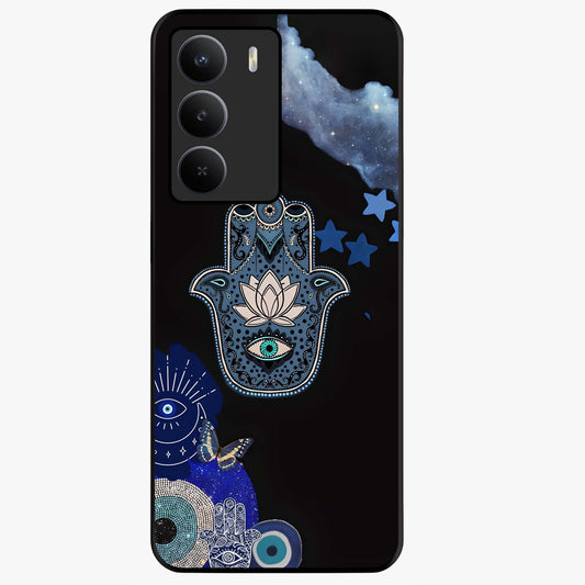 Mystic Hand Aura Glass Case showing flat back view with mystical hand symbol artwork and glossy glass finish.