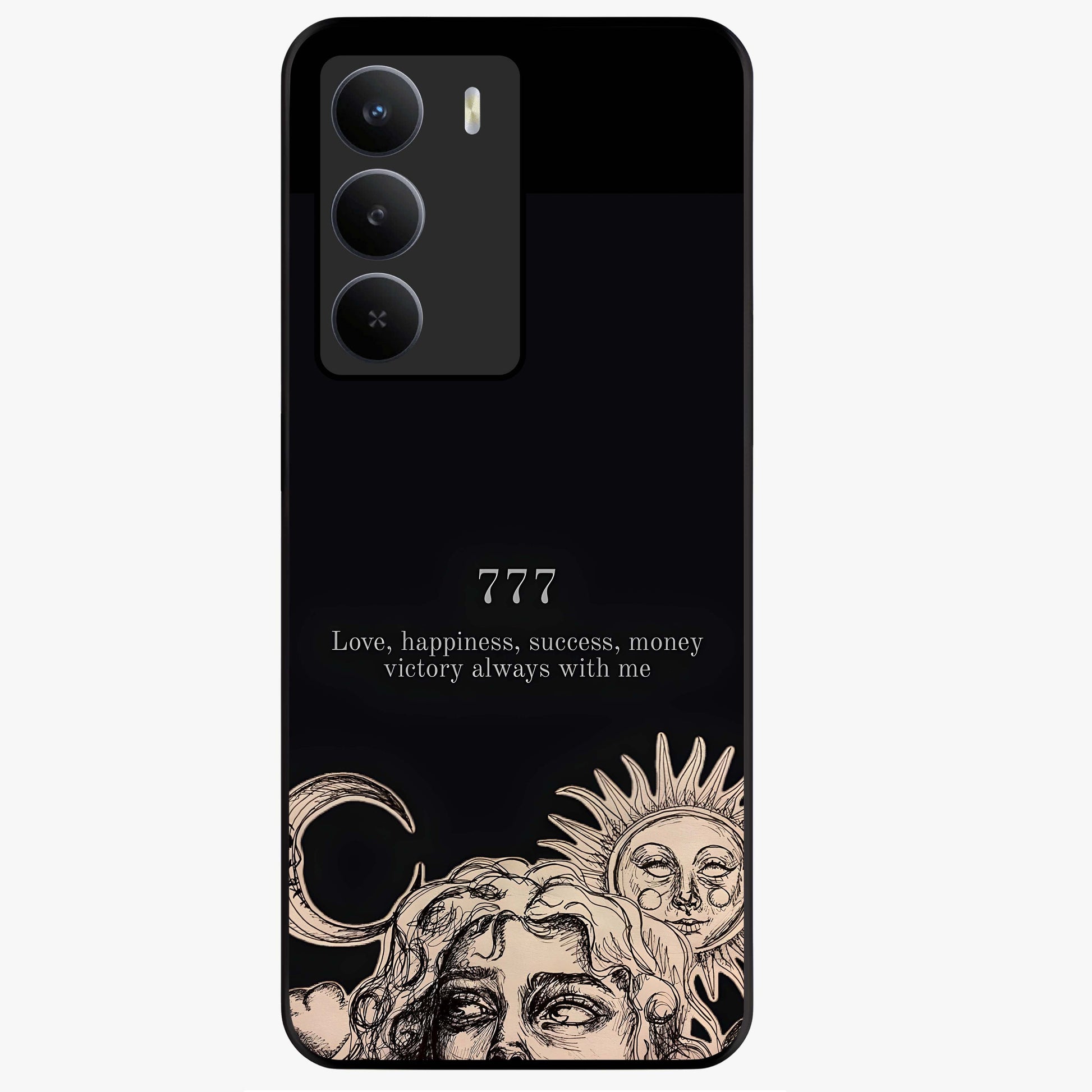 Mystic Victory Aura Glass Case showing flat back view with victory symbol artwork and glossy glass finish.