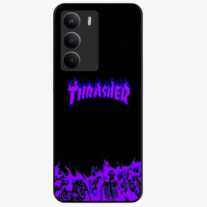 Neon Flame Riot Glass Case showing flat back view with neon flame artwork and glossy glass finish.