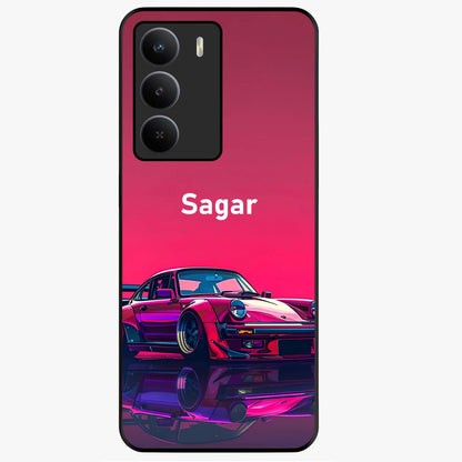 Neon Pink Porsche Glass Case showing flat back view with stylish sports car artwork and glossy glass finish.
