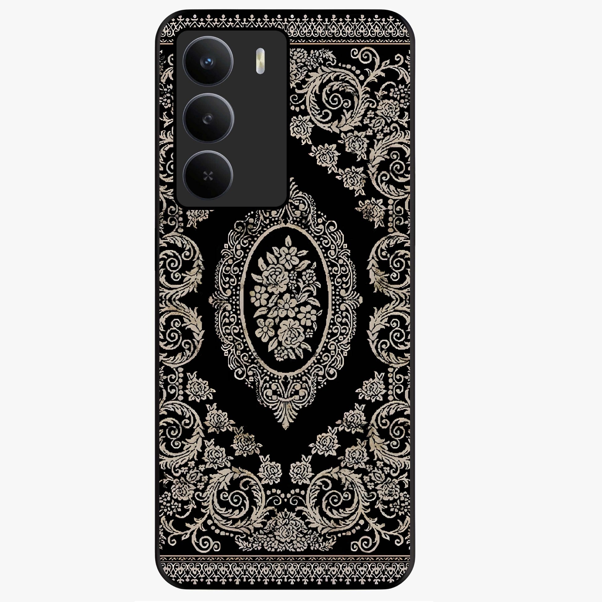 Noir Bloom Elegance Glass Case showing flat back view with elegant dark floral artwork and glossy glass finish.