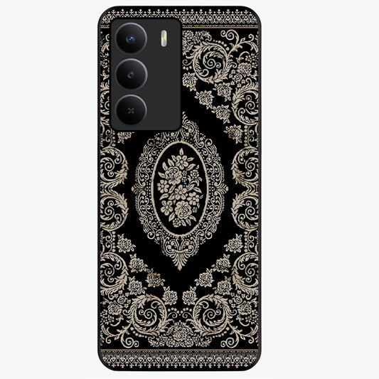 Noir Bloom Elegance Glass Case showing flat back view with elegant dark floral artwork and glossy glass finish.