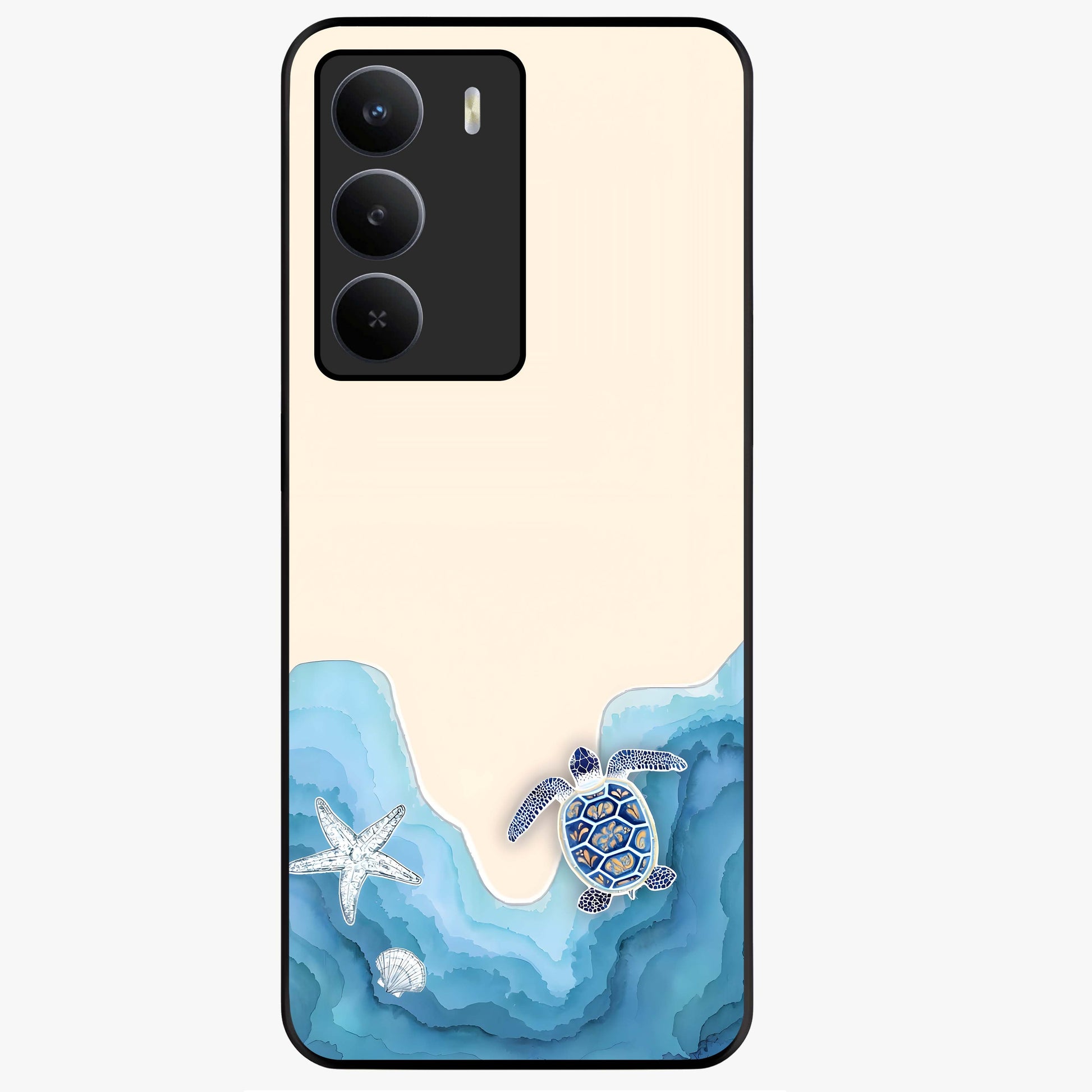 Ocean Drift Turtle Glass Case showing flat back view with sea turtle artwork and glossy glass finish.