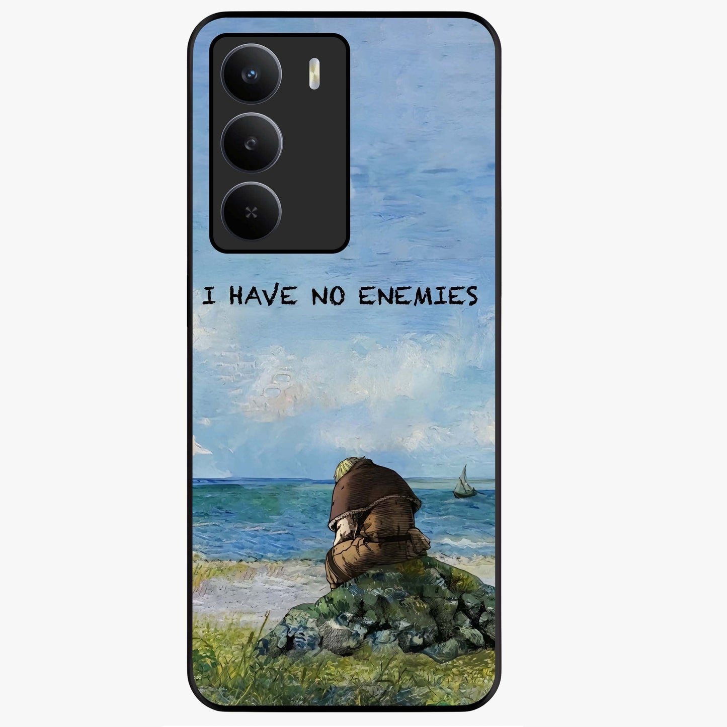 Peace Beyond War Glass Case showing flat back view with symbolic peace themed artwork and glossy glass finish.