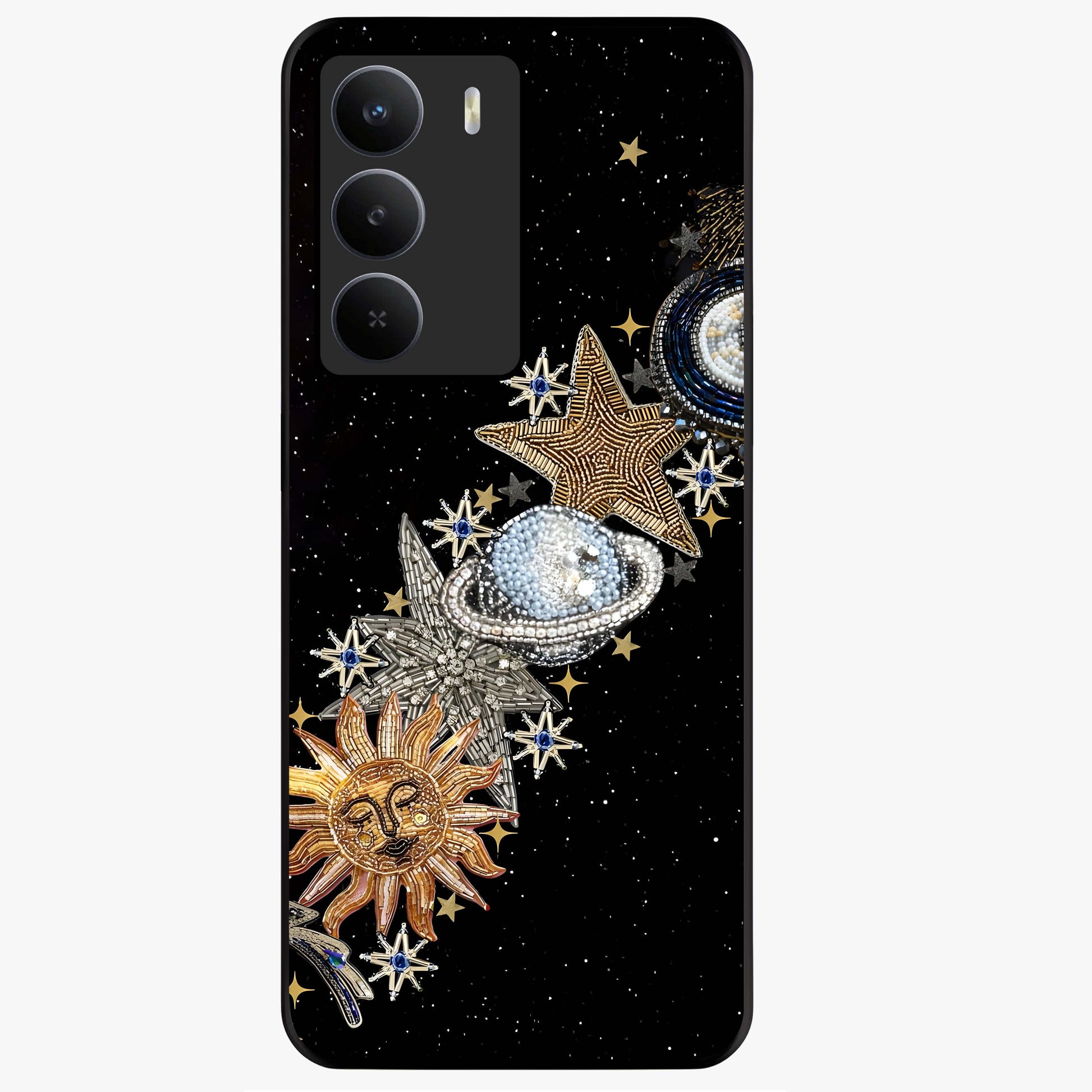 Pearls Universe Object Glass Case showing flat back view with pearl inspired cosmic artwork and glossy glass finish.