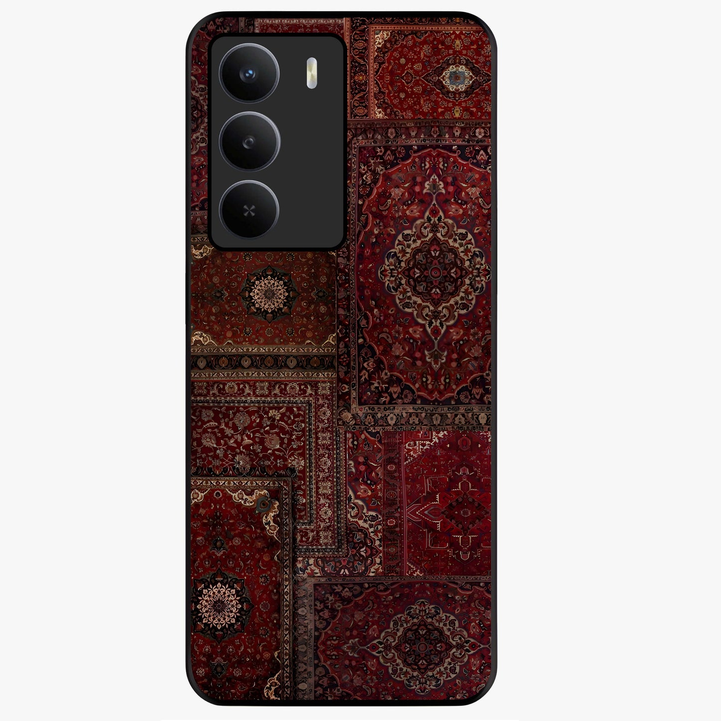 Persian Velvet Tale Glass Case showing flat back view with luxurious Persian velvet pattern artwork and glossy glass finish.