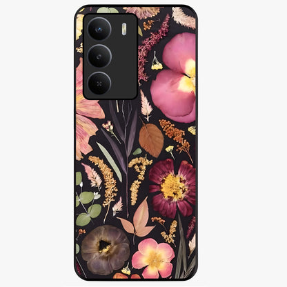 Petal Dream Tapestry Glass Case showing flat back view with intricate floral tapestry artwork and glossy glass finish.