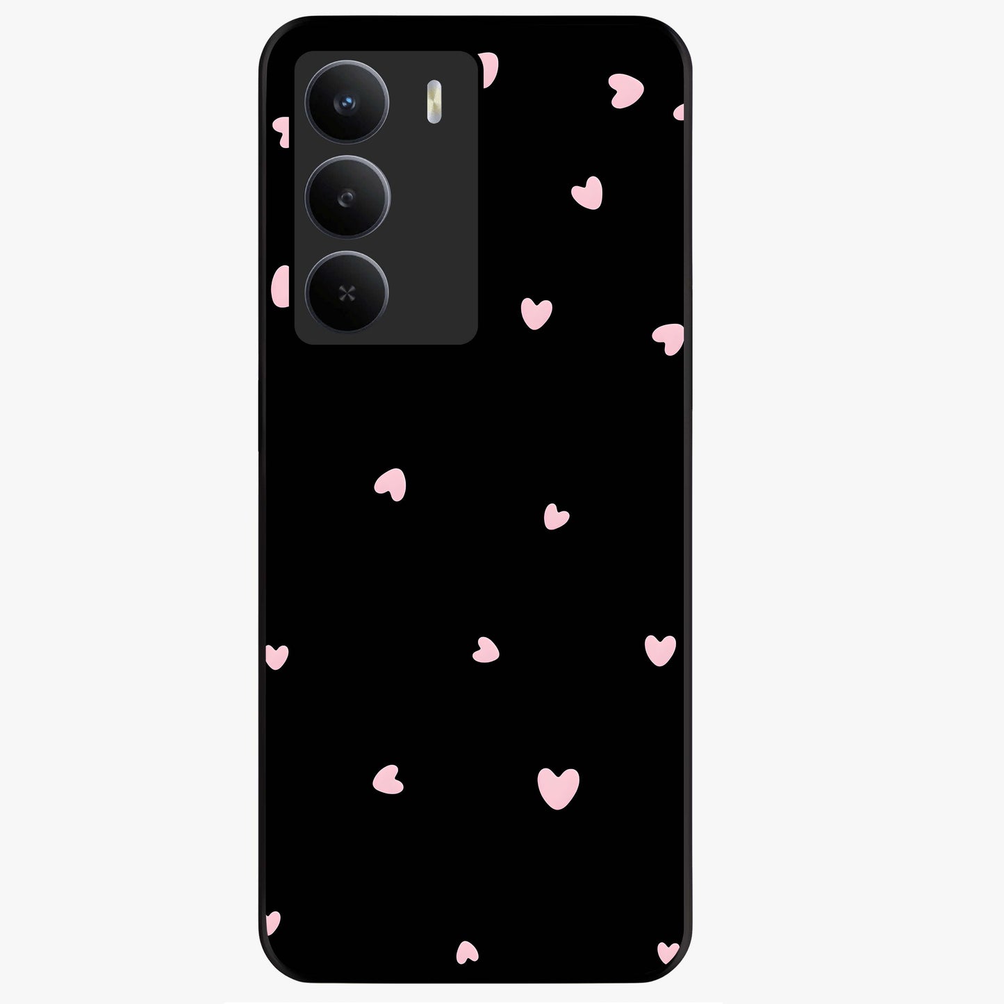 Pink Love Drops Glass Case showing flat back view with playful pink heart drops artwork and glossy glass finish.