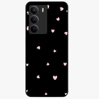 Pink Love Drops Glass Case showing flat back view with playful pink heart drops artwork and glossy glass finish.