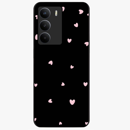 Pink Love Drops Glass Case showing flat back view with playful pink heart drops artwork and glossy glass finish.