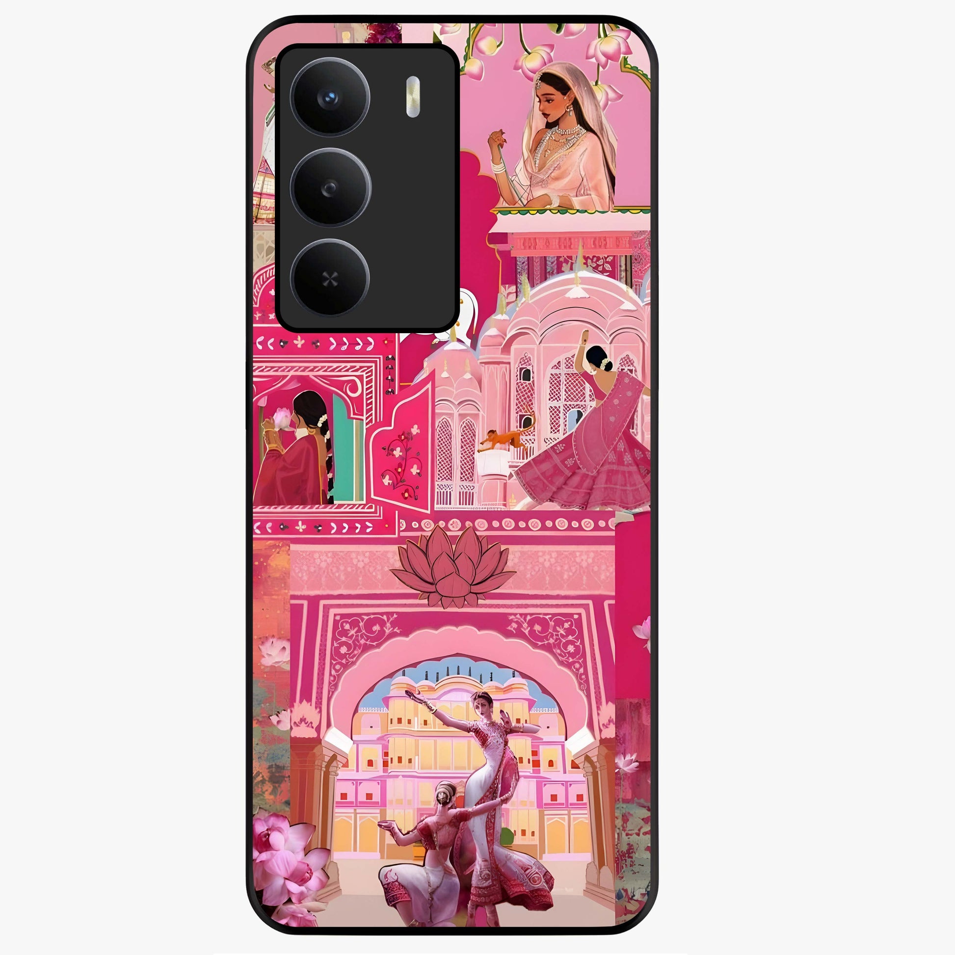 Pink Palace Muse Glass Case showing flat back view with elegant palace inspired artwork and glossy glass finish.