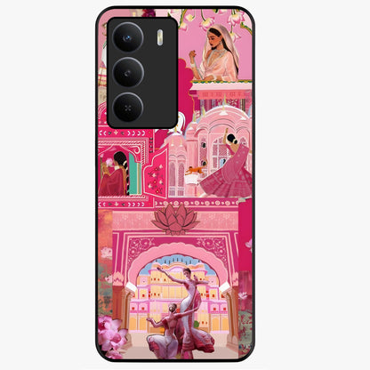 Pink Palace Muse Glass Case showing flat back view with elegant palace inspired artwork and glossy glass finish.